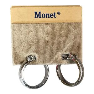 Vintage Monet Silver Tone Clip On Hoop Earrings